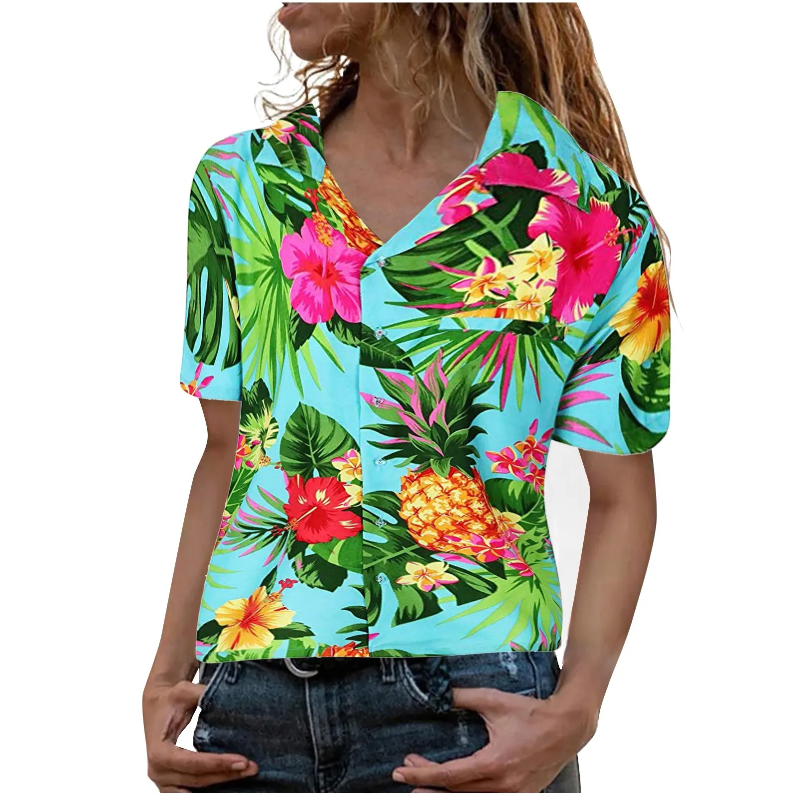2022 Summer Flower Leafs Printed Hawaiian Shirts Women Short Sleeve