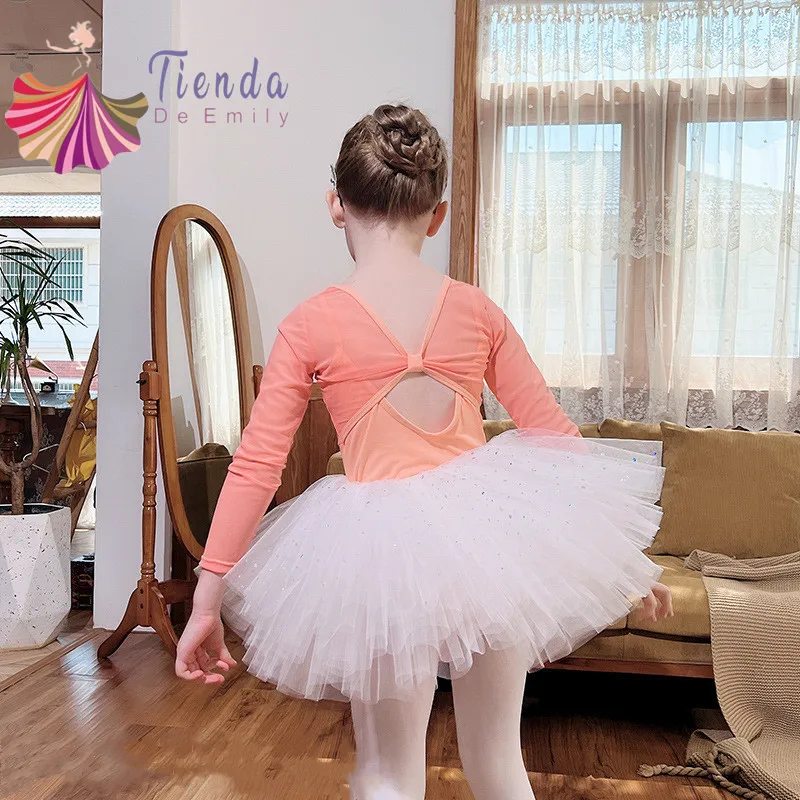 

Ballet Mesh Leotard Top Girl Sparkle Tulle Tutu Skirt Long Sleeve Dance Costume Kids Dress Swimsuit Gymnasts Outfit Ball Gown