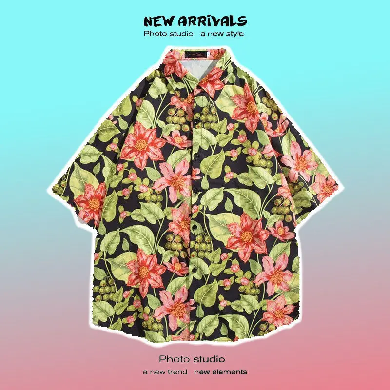 Men Street Fashion Summer Daily Shirt Hawaiian Cartoon Print Casual Loose Shirts Short Sleeve Beach Loose Tops 4