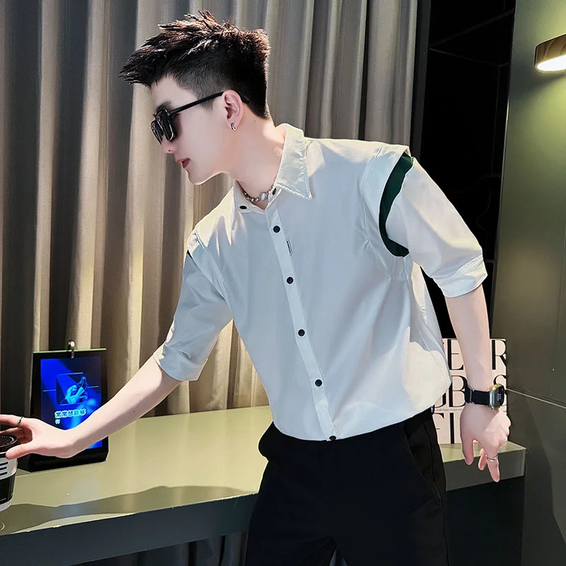 Elegant Fashion Harajuku Slim Fit Ropa Hombre Loose Casual All Match Shirt Pointed Collar Button Thin Style Middle Sleeve Blusa