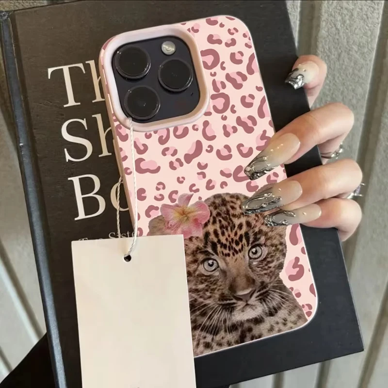 Pink Leopard Print Shockproof Phone Case with Cub Pattern