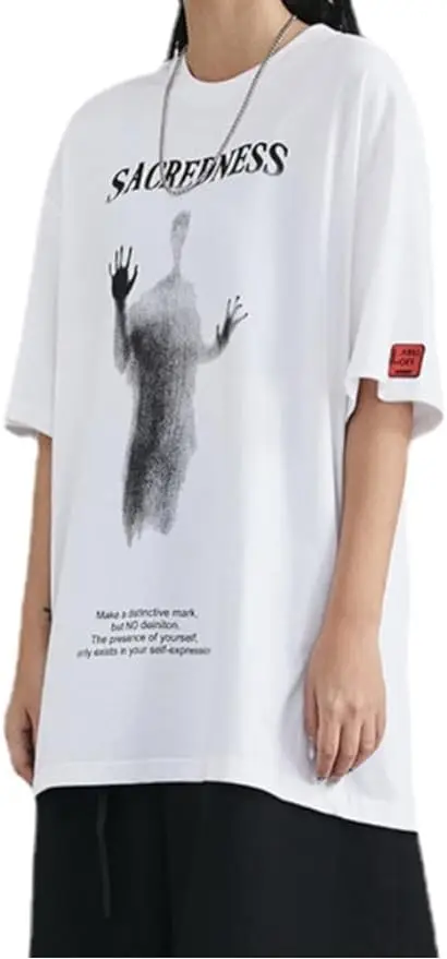 

Oversized Tshirts for Men Graphic Tees Ghost Print Crew Neck Cotton Tops Unisex Harajuku Streetwear Casual Shirt
