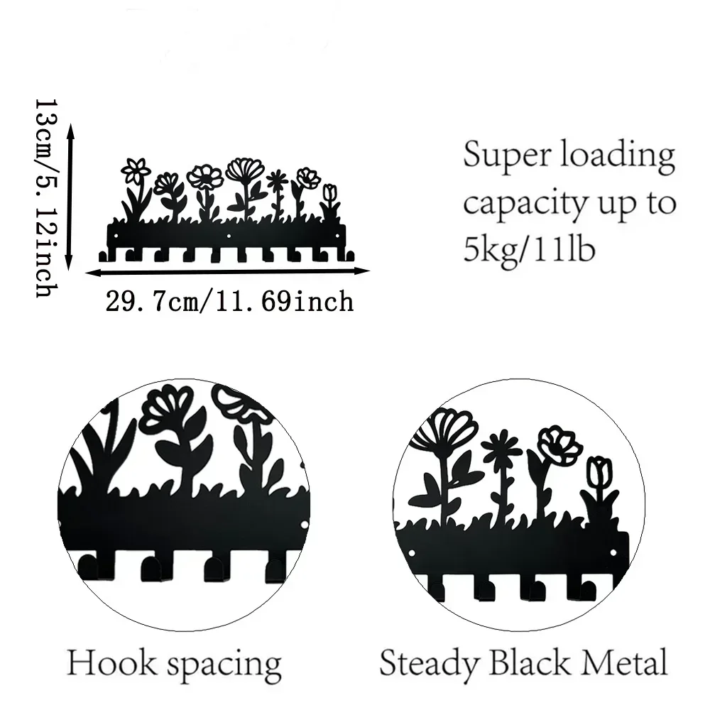 Flower Design Metal Key Holder Wall-Mounted Rack with Hooks, Elegant Storage for Coats and Keys, Stylish Wall Art and Organizer 2