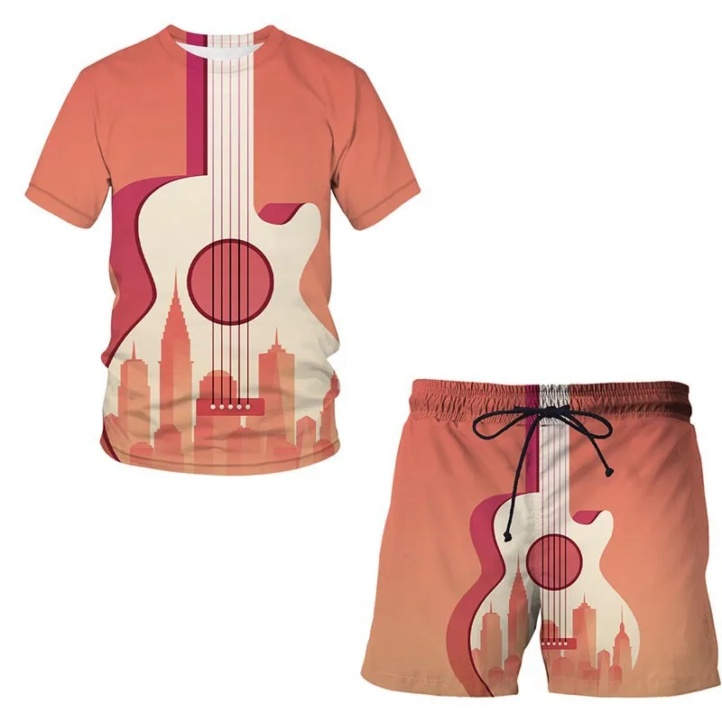 thumbnail image 1 of Conjunto de pantalones cortos de manga corta con estampado 3D y patrón de guitarra musical personalizado Conjunto holgado de 2 piezas para hombre, 1 of 5