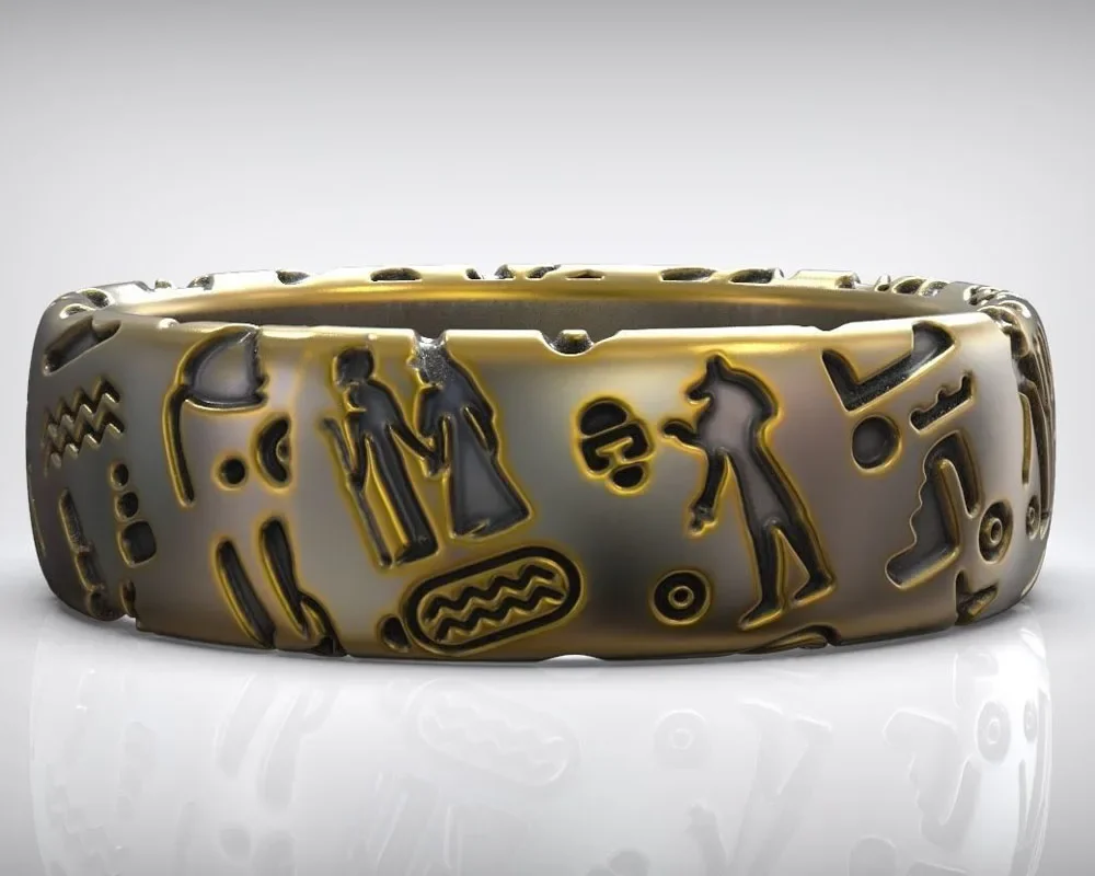 8g Ancient Egyptian Symbols Amulet Wedding Gold Couple Rings  Customized 925 Solid Sterling Silver Many Sizes 7-12