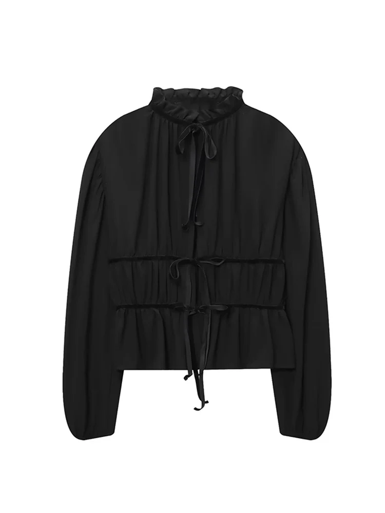 2026 New Woman Bow Lace Up Shirts Casual Long Sleeve Ruffled Stand Collar Fit Shirt Female Solid Color Fashion Blouse Tops