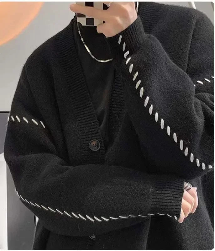 Herbst V-Ausschnitt Strickjacke Pullover Männer Frauen Streetwear lose faulen Stil koreanische Vintage Strickjacke Modemarke Herren Strickjacke – Detail 5