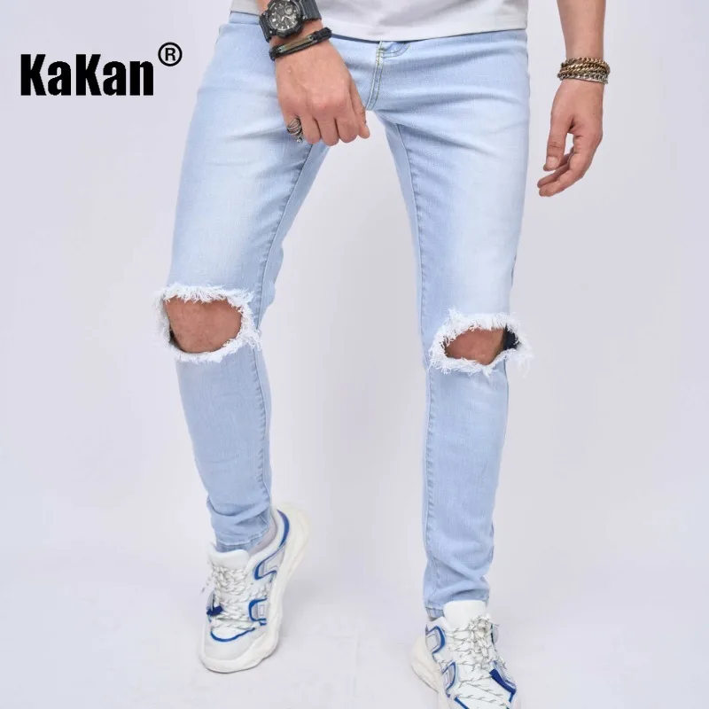 Kakan Europe and America's New Perforated Stretch Jeans for Men, Classic Solid Color Casual Small Foot Slim Pants K49-602