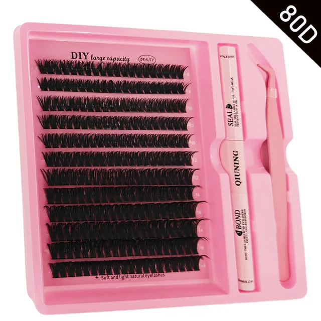 QIUNING Eyelash Clusters Kit Fluffy Individual Lashes Lash Bond and Seal and Remover Faux Mink Lashes Eyelash Extension DIY