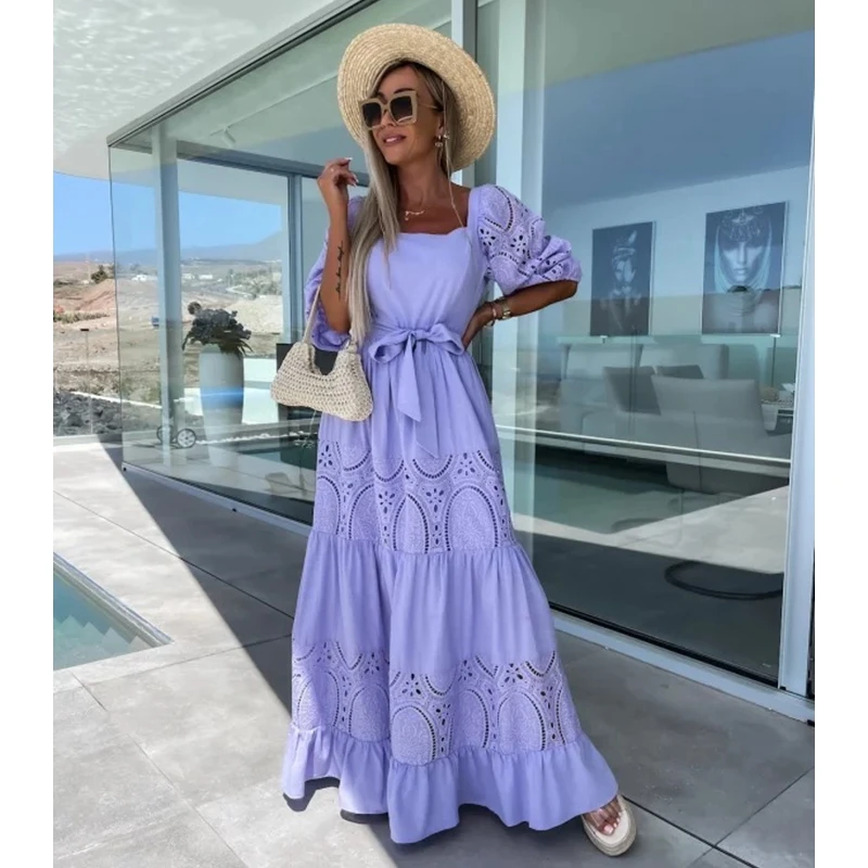 

Square Collar French Style Maxi Dress Puff Sleeve Solid Big Swing Dress Women Summer Loose Stitching Lace Hollow Dress