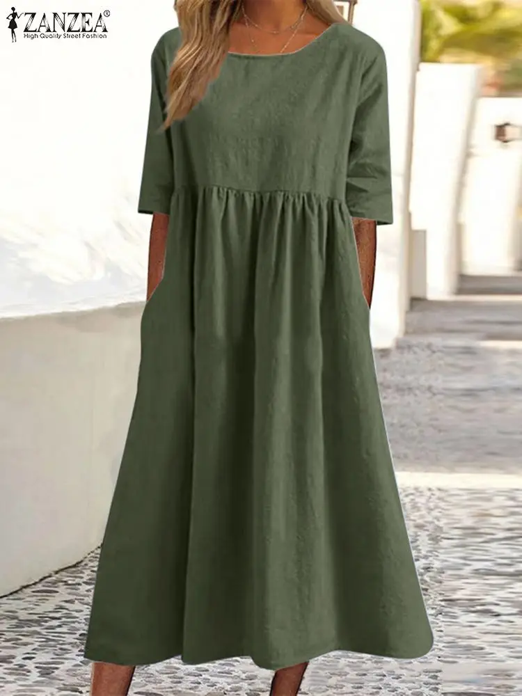 

ZANZEA Summer Party Vestidos Kaftan Vintage Solid Midi Dress Women Fashion O Neck Half Sleeve Casual Loose Sundress Robe Femme