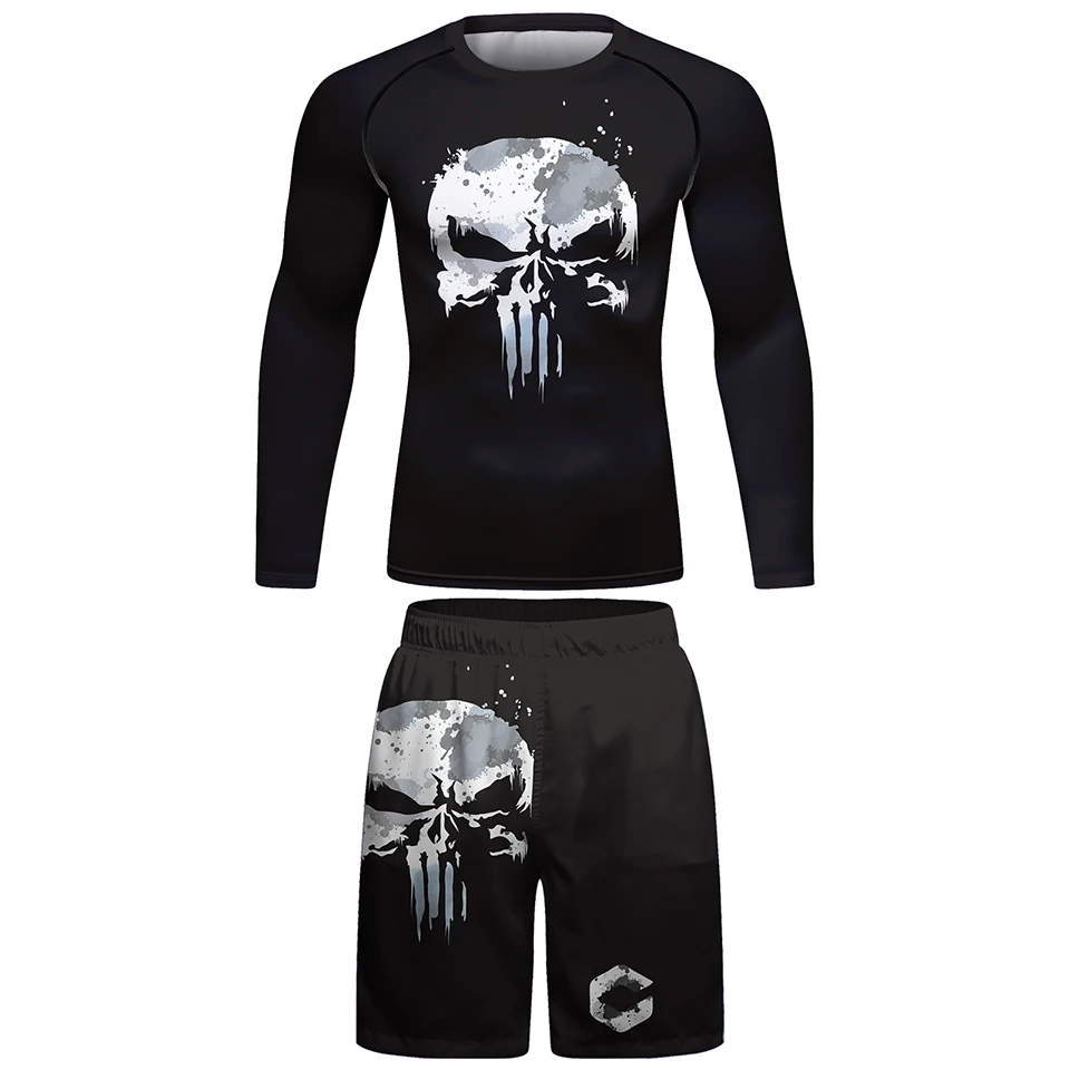 Skull Rashguard For Men Jiu Jitsu MMA T-shirt+Pant Set Brazilian Grappling Bjj Boxing Rash Guard MMA Shorts Boxeo Fight Jerseys sports apparel mens t shirt
