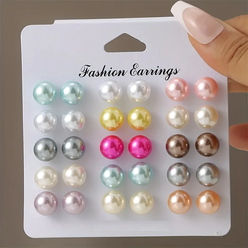Elegant Colored Imitation Pearl Stud Earrings Korean Charm Ball Bead Earrings Women's High-end Banquet Jewelry Gifts 15 Pairs