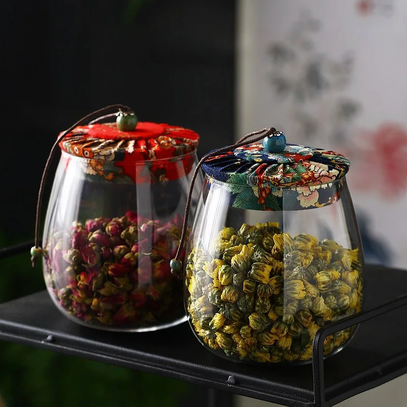 Tea Canister Ceramic Storage Jar Cloth Cover High Temperature Explosion-Proof Sealed Glass Storage Caddy Tea Coffee Airtight Canister Flower Fruit Grain Bottle