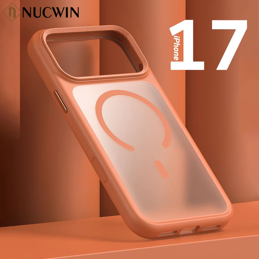 Luxury Orange Matte Transparent Magsafe Phone Case with Metal Buttons and Skin-Feel Shockproof Protection