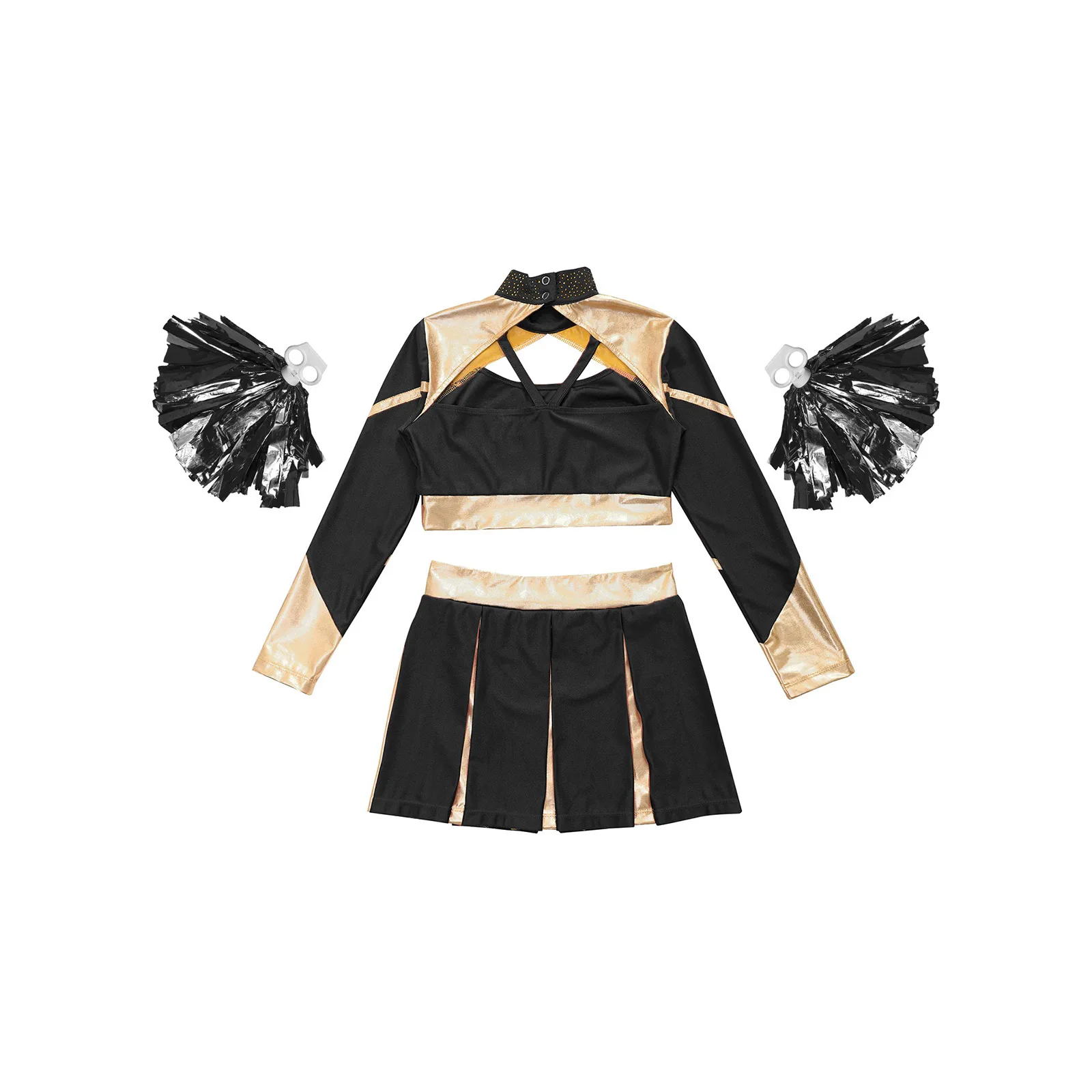 Kid Girls Dance Cheerleading Outfit Cheer Modern Dance Set Long Sleeve Rhinestones Crop Top with Pleated Skirt 2Pcs Flower Balls