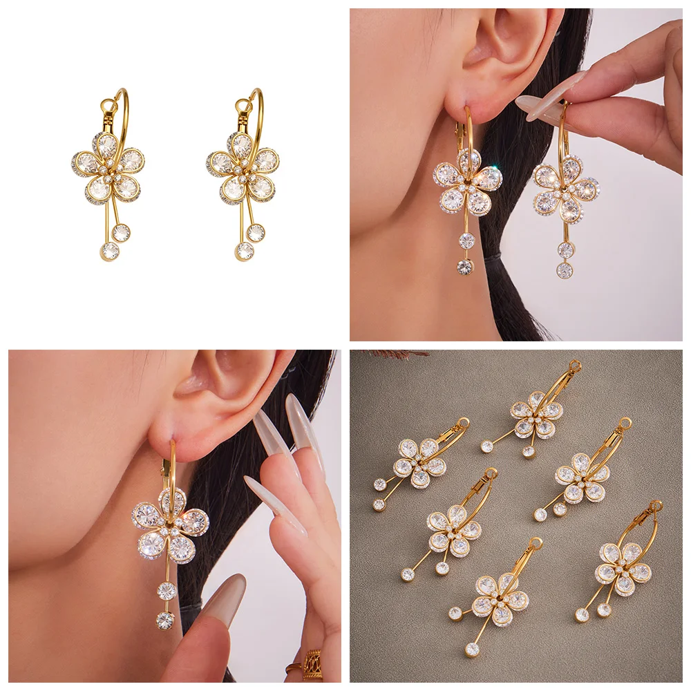 Gold Farbe Silber Luxus Zirkon Tropfen Ohrringe frauen Edelstahl Vergoldet Blume Ohrringe Femme Charming Schmuck Geschenk – Detail 2