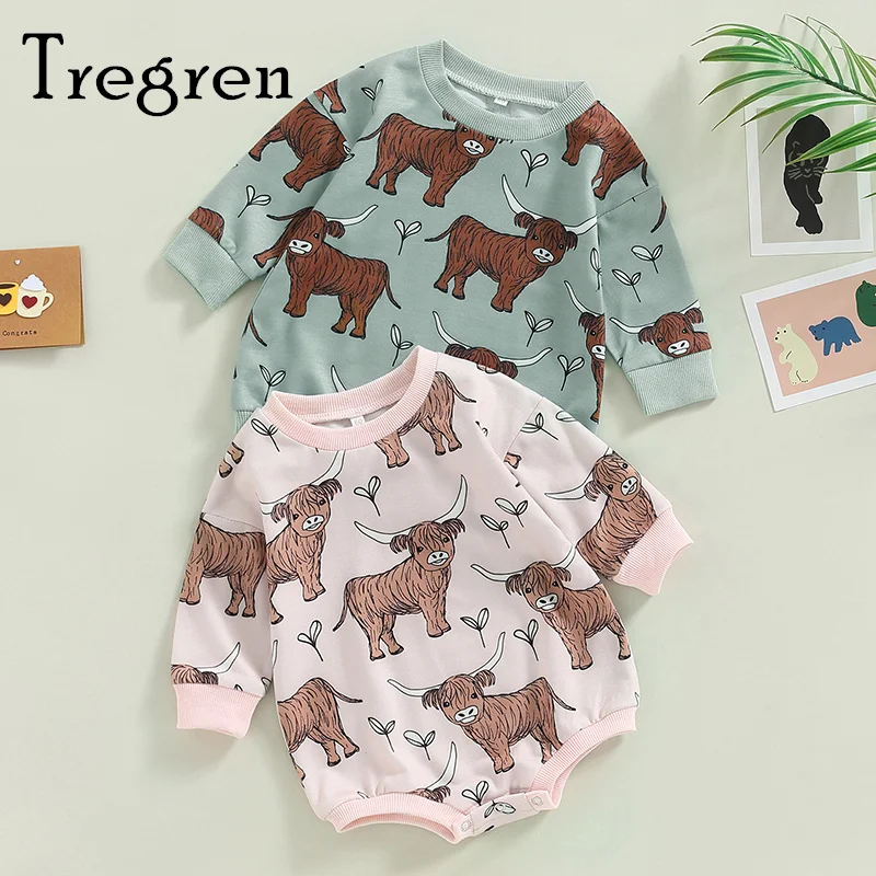 

Tregren Infant Baby Boy Girl Romper Long Sleeve Round Neck Cartoon Bull Print Jumpsuit Baby Spring Fall Casual Outfits For 0-18M
