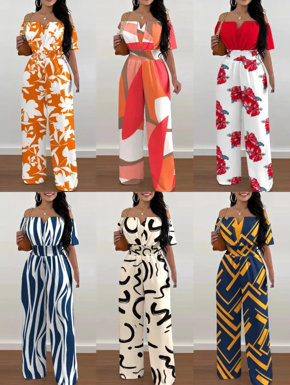 Sexy Off Shoulder Print Jumpsuit Women Loose Wide Legs Trousers Ladies One Pieces Full Length For Women Jumpsuit 2023 Summer New