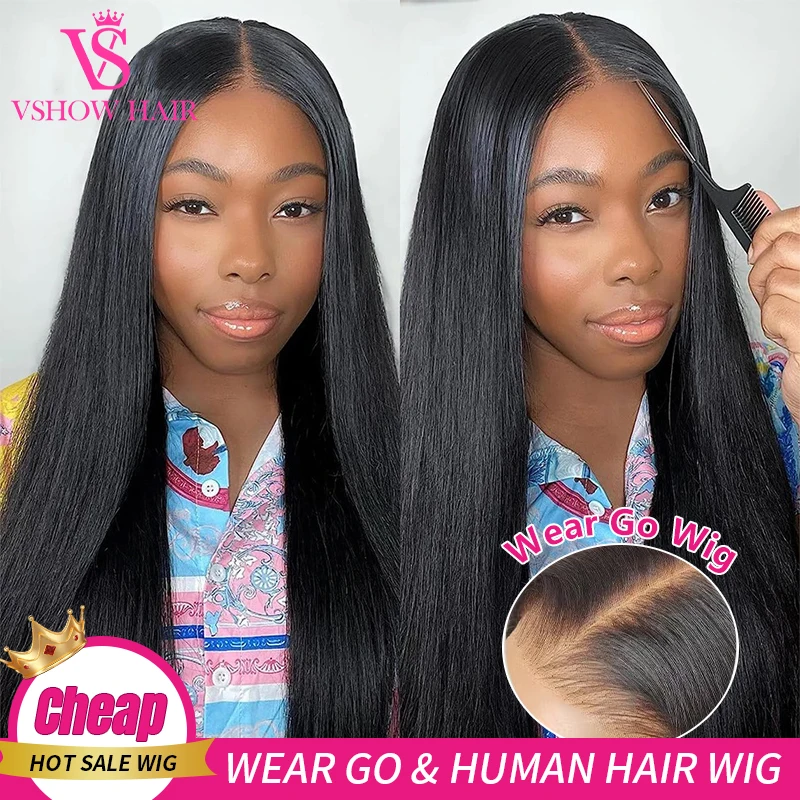 

VSHOW Straight Human Hair Wigs For Women Glueless 4x4 Pre Cut Wig Human Hair Ready to Wear Brazilian Wig On Sale For Women
