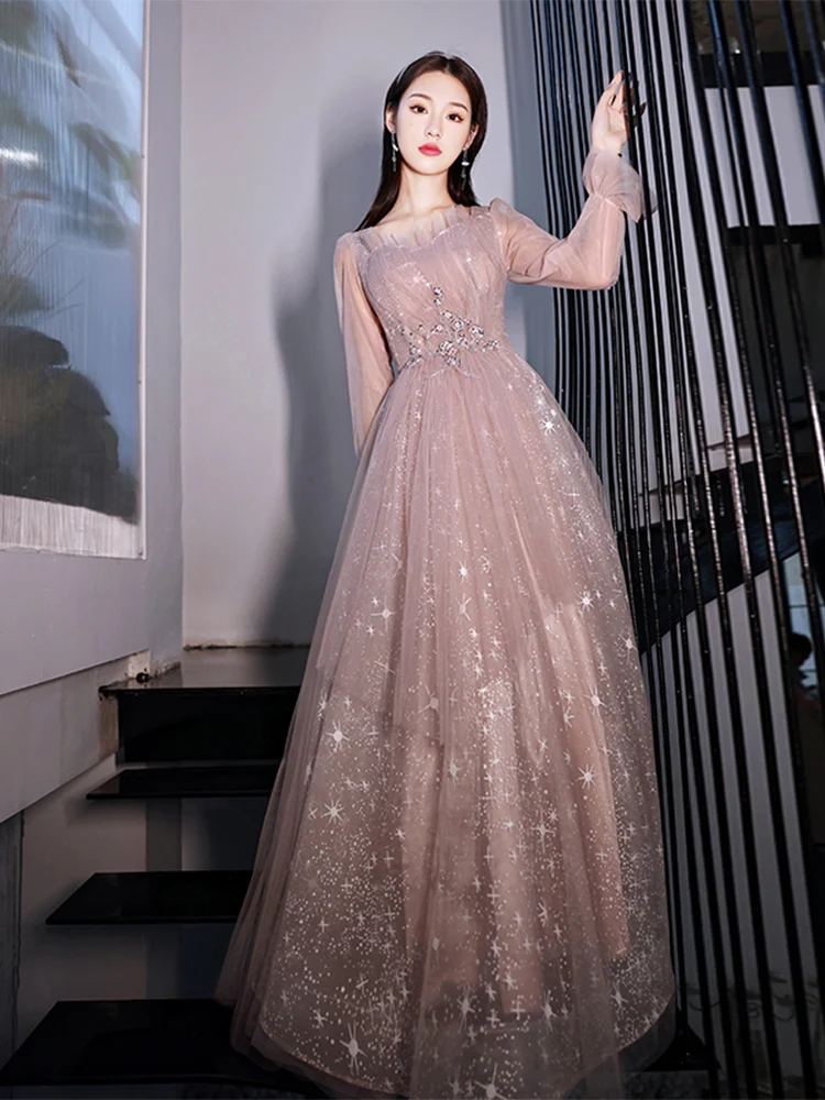 Robe de soiree Pink Shiny Star Prom Gowns Long Sleeves Formal Evening  Dresses Floor-Length Cocktail Party Dress customized - AliExpress