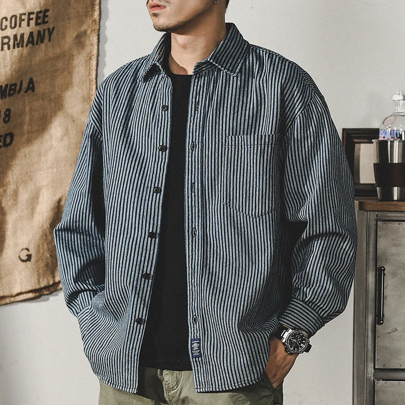 2023 New High Quality Striped Polo Neck Shirt Korean Edition Fashion Men And Women's Loose Thin Long Sleeved Top Coat Dark Blue