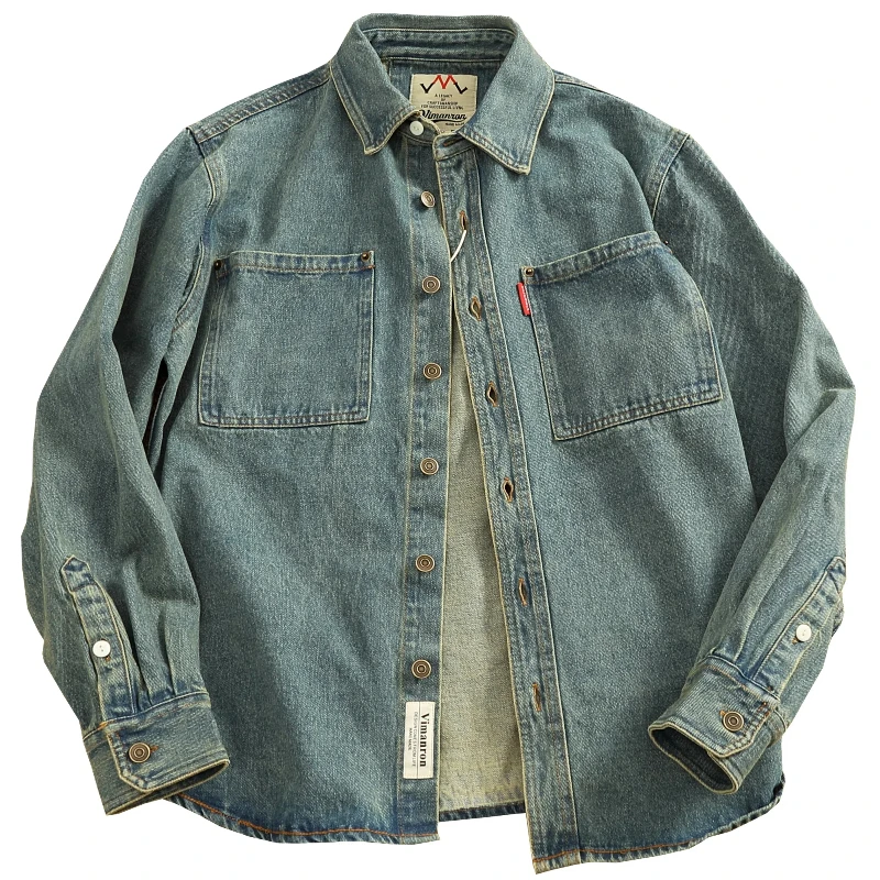 Spring American Retro Heavyweight Double Pocket Denim Cargo Shirt Men's Simple Cotton Washed Casual Blouses Thin Jacket
