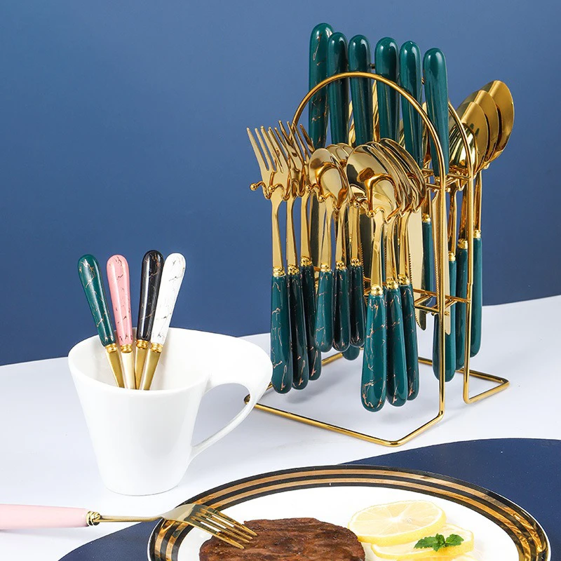 

Porcelain Handle Dinnerware 24 Piece Set Tableware Stand Stainless Knife Fork Spoon Table Cutlery Nordic Flatware Set Gift