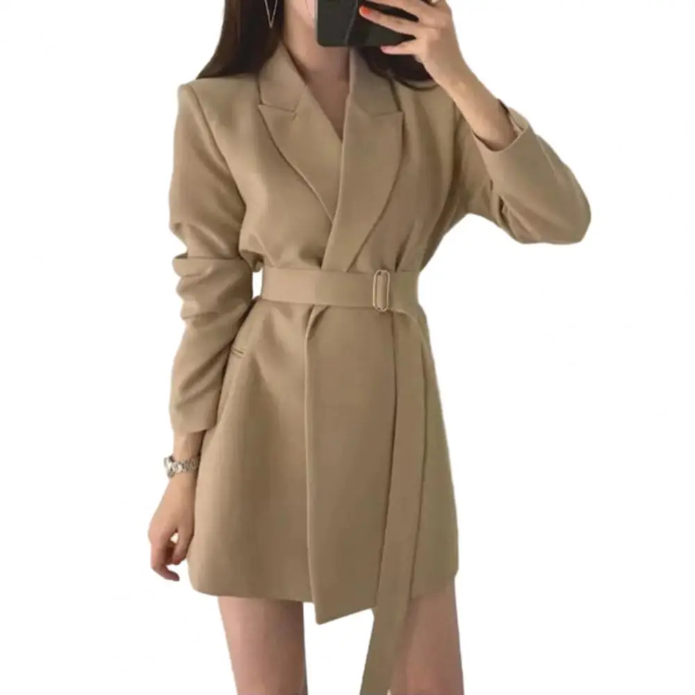 

Women Blazer Lapel Long Sleeve Belted Tight Waist Solid Color OL Style Formal Business Vintage Korean Commute Lady Suit Coat