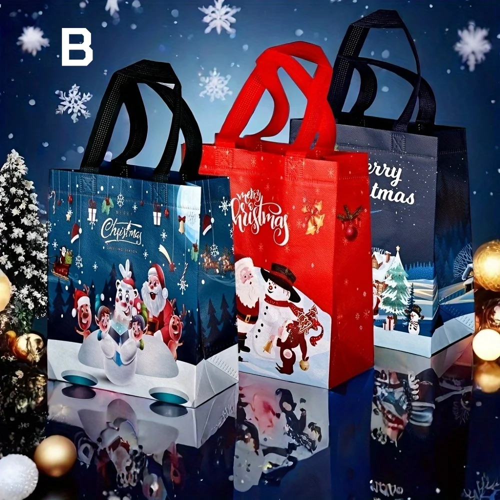 3Pcs Christmas Gift Bags Assorted Sizes, Reusable Tote Bags with Handle, Non-Woven Christmas Bags for Xmas Party Favors
