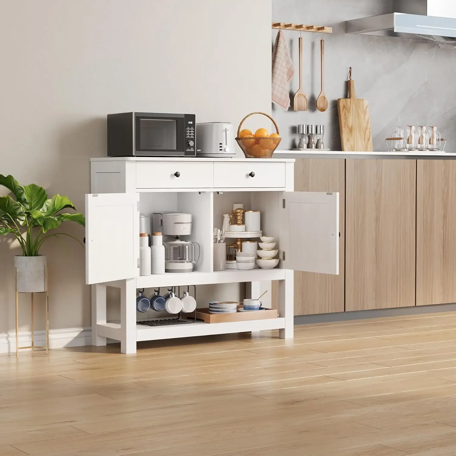 Farmhouse Buffet Sideboard Cabinet, Stylish Console Table with 2 Cabinets,Open Storage Shelf, Entryway Sofa Table for Coffee Bar 4
