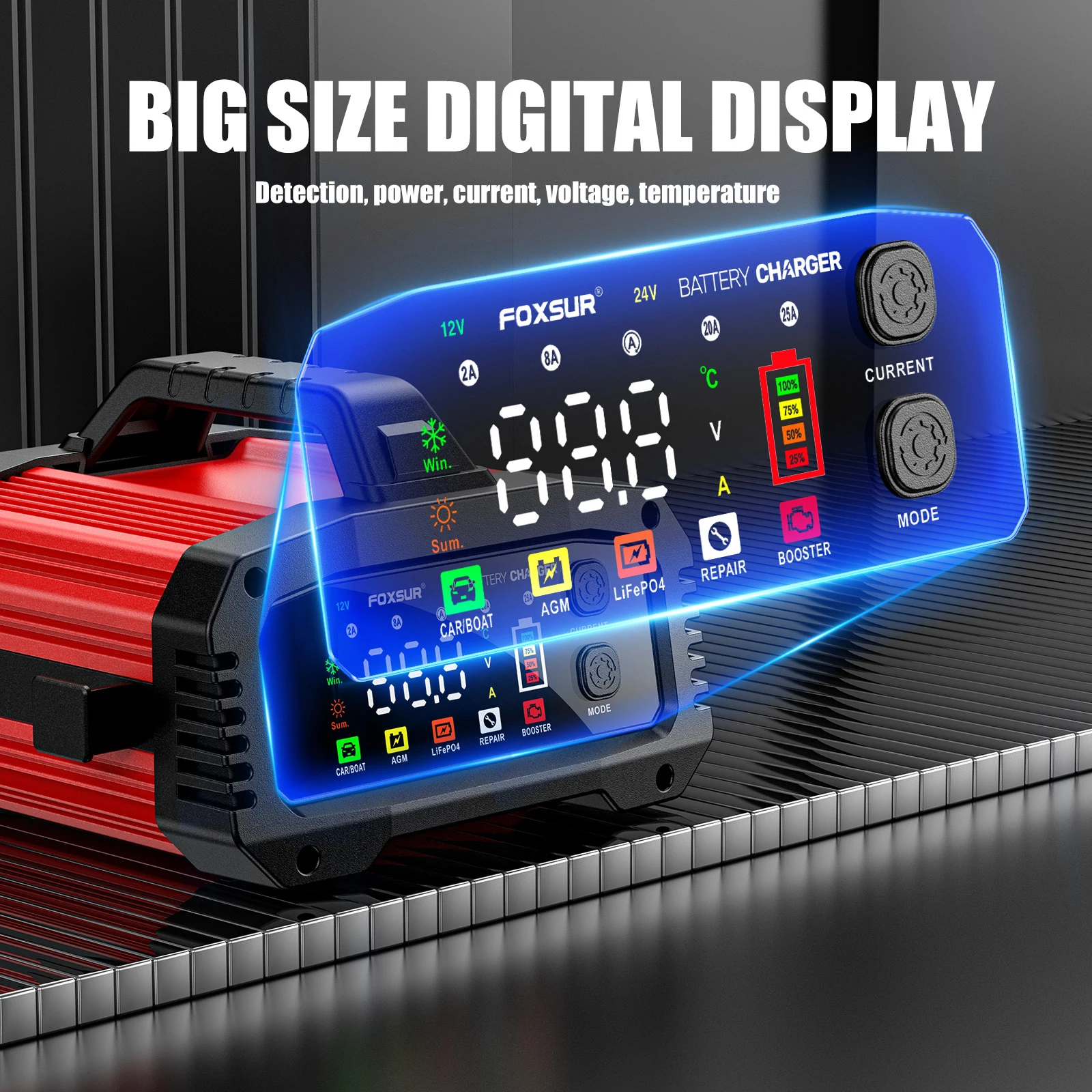 12V 24V FOXSUR FPT-250 자동차 배터리 충전기 (자동차, 오토바이, 트럭용) 고출력 부스터 펄스 복구 기능 (납산, AGM, LiFePo4 배터리용)