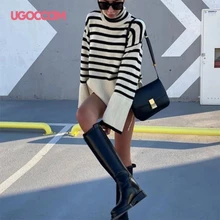 

UGOCCAM Autumn Winter Oversized Knitted Pullover Women Turtleneck Casual Sweaters Long Sleeve Khaki Striped Loose Sweater