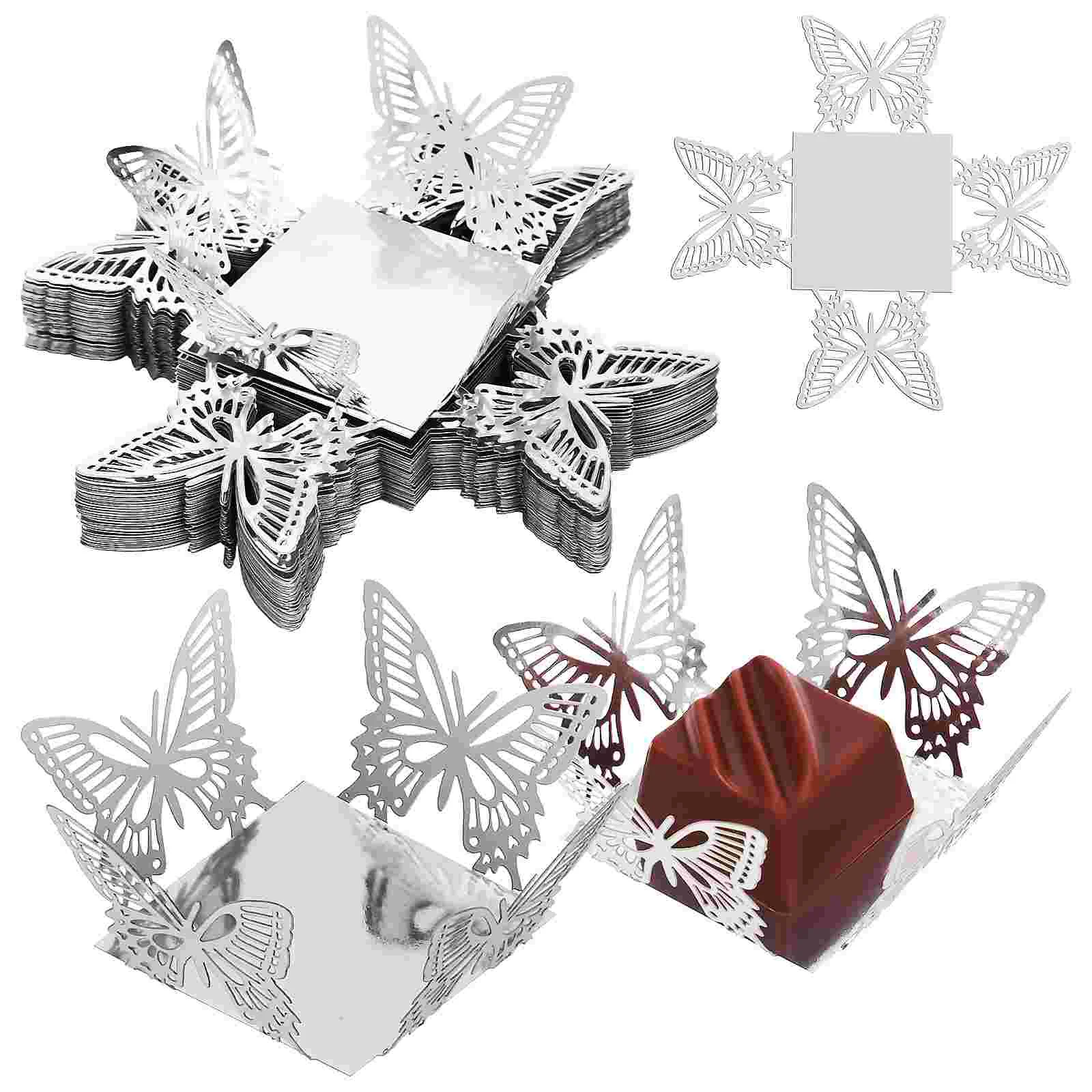 

Butterfly Truffle Liners Silver Cupcake Wrappers Dessert Cups Square Paper Candy Baking Muffin Case Trays