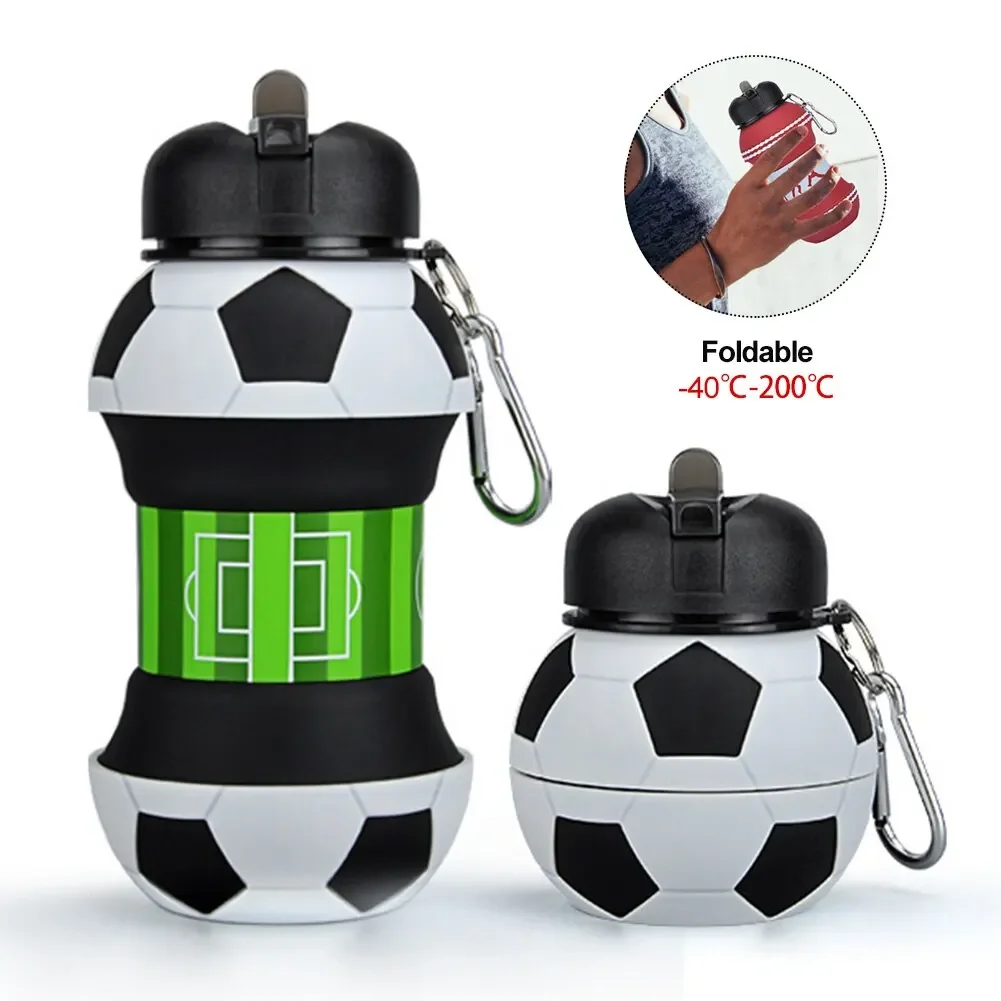 RIXOZ Botella De Agua Plegable De Silicona 550 Ml Con Forma De Balón De Fútbol – Incluye Mosquetón, Sin BPA, Para Niños