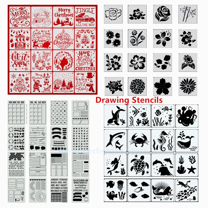 HOTYA Pack of 16 Christmas Drawing Template Stencils Reusable Anti-break Painting  Stencils for Painting on Wood Wall Glass 