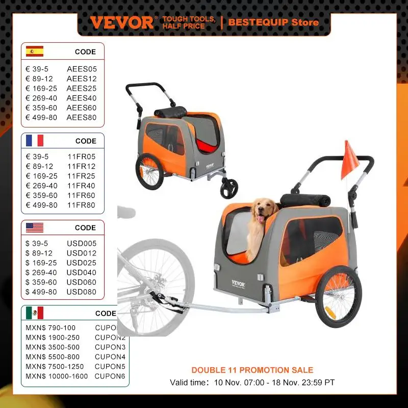 VEVOR 66lbs Dog Bike Trailer 2-in-1 Pet Stroller Folding Cart Frame Bicycle Carrier with Wheels Universal Coupler for Dogs Cats