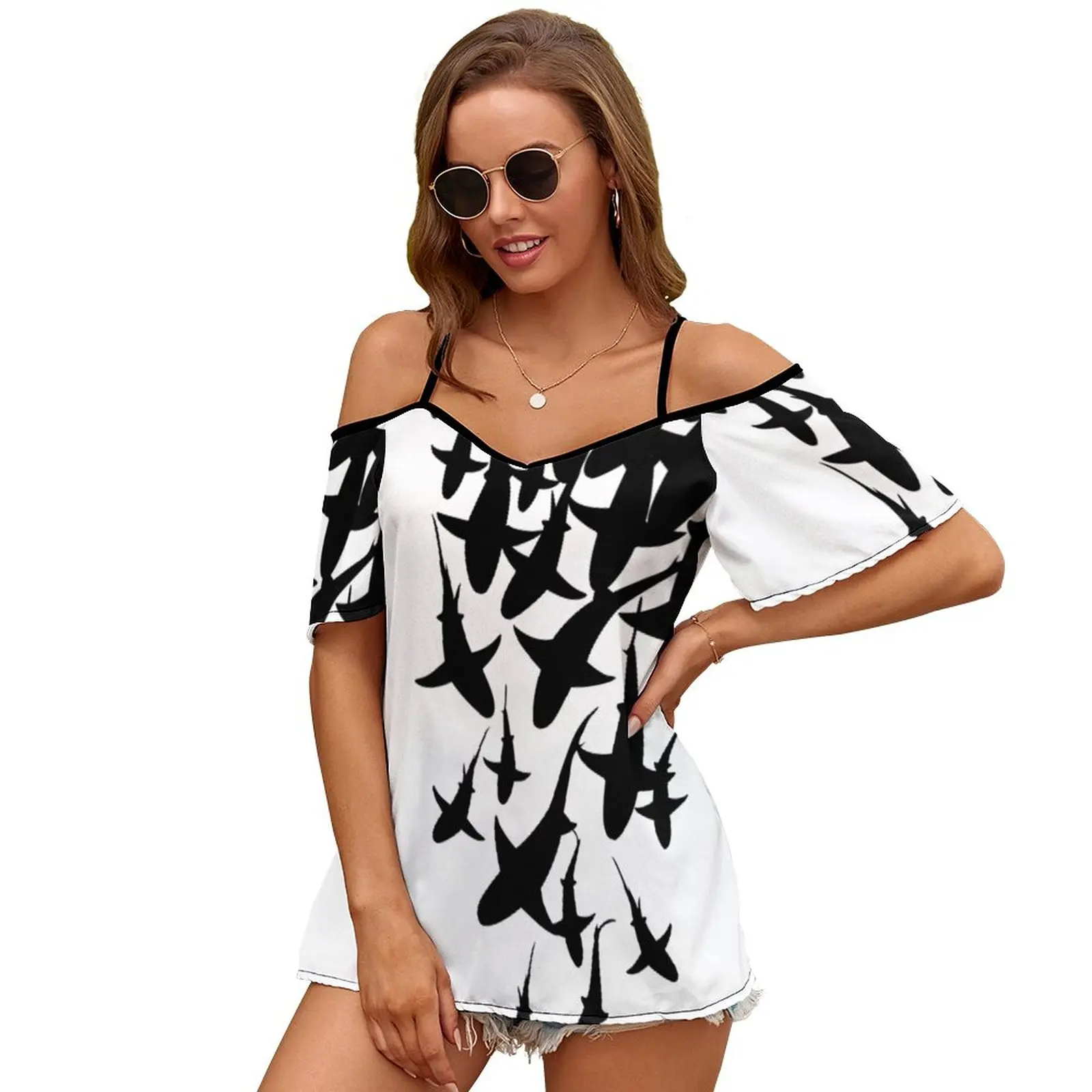 T-Shirt A Maniche Corte Con Scollo A V E Scollo A V Con Stampa Squalo Donna Streetwear Squalo Ganasce Mare Tibureni Squalo Bianco