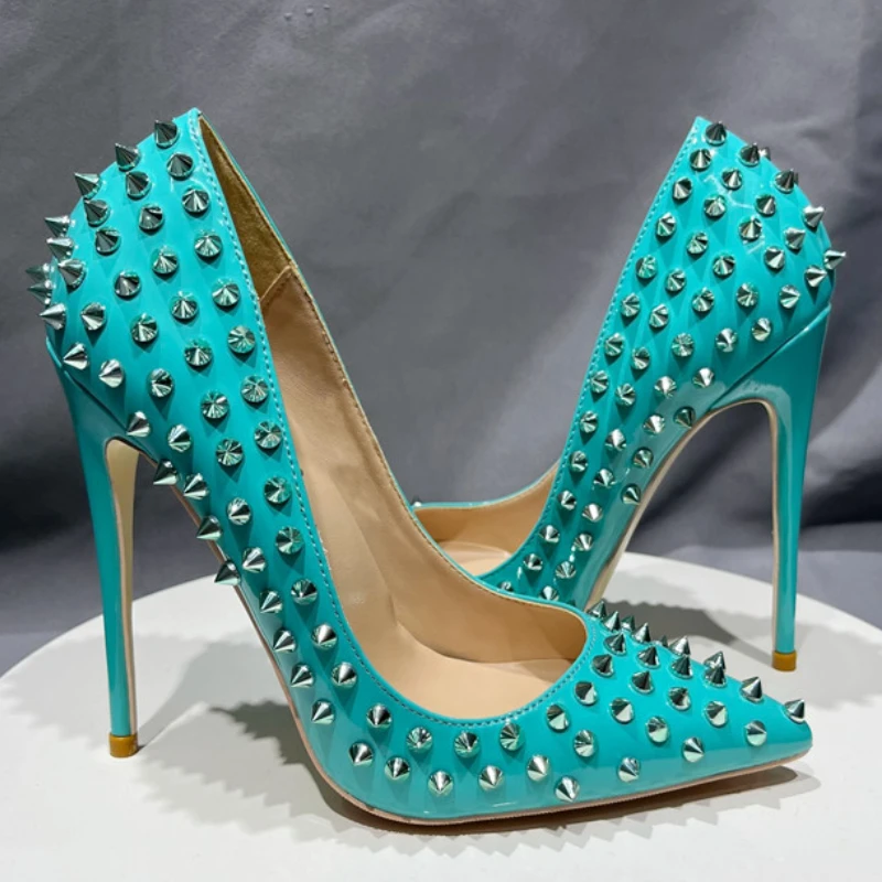 

Plus Size33-45 All Spikes Rivets Cover Blue Fashion 12Cm High Heels Scarpins Pumps Stiletto Wedding Party Shoes Zapatos De Mujer