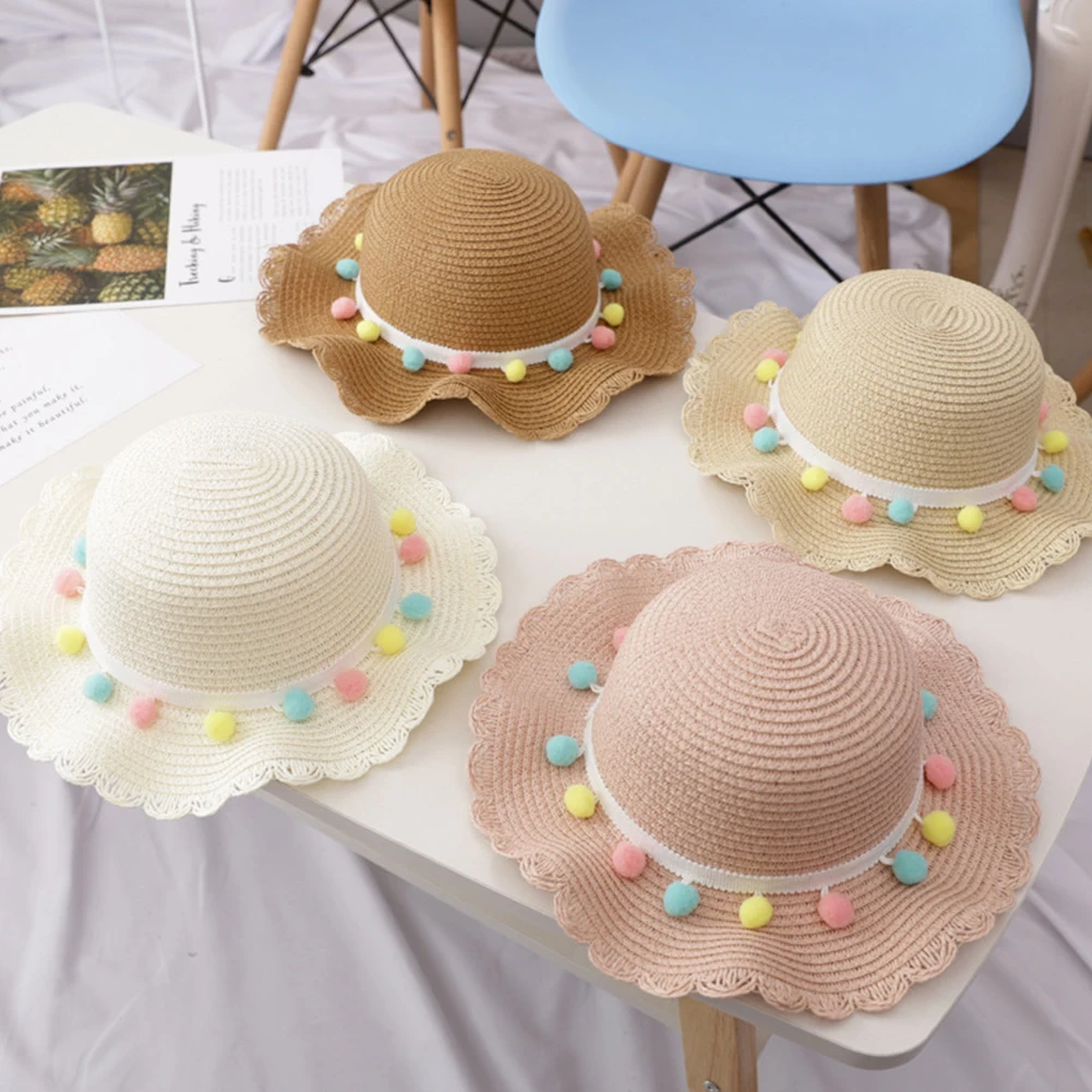 Kids Girls Large Wide Brim Straw Woven Sun Protection Beach Hat Colorful Pompom Ball Summer Floppy Bucket Cap Portable Handbag