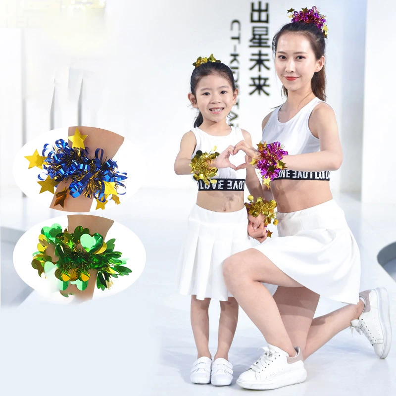 2Pcs Random Children's Glitter Dance Wrist Flower Cheerleaders Perform Handflowers Hand Bell Ring Kids Performance Props Toys