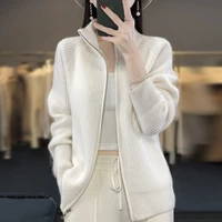 100% Pure Wool Zipper Cardigan Padded Shoulder Stand Collar Women's Cashmere Knitted Coat New Lapel Sweater - Image 2