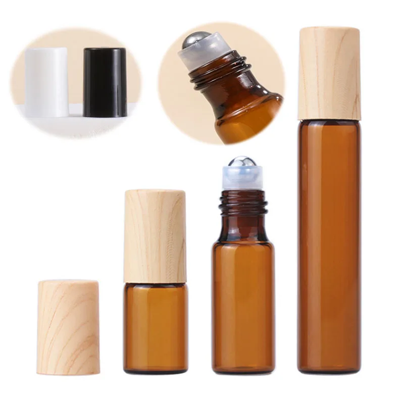 

100Pcs 1ml 2ml 3ml 5ml 10ml Mini Roller Ball Bottles For Essential Oil Perfumes Oil Roll On Glass Bottle With Wooden Grain Cap