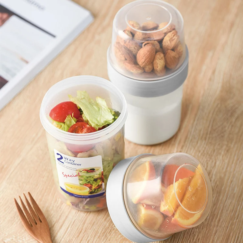 5 Sizes Breakfast Cup Oats Yogurt Milk Nut Soup Salad Cup 2-layer Fresh-keeping Bowl Portable Leak-proof Travel Office Lunch Box