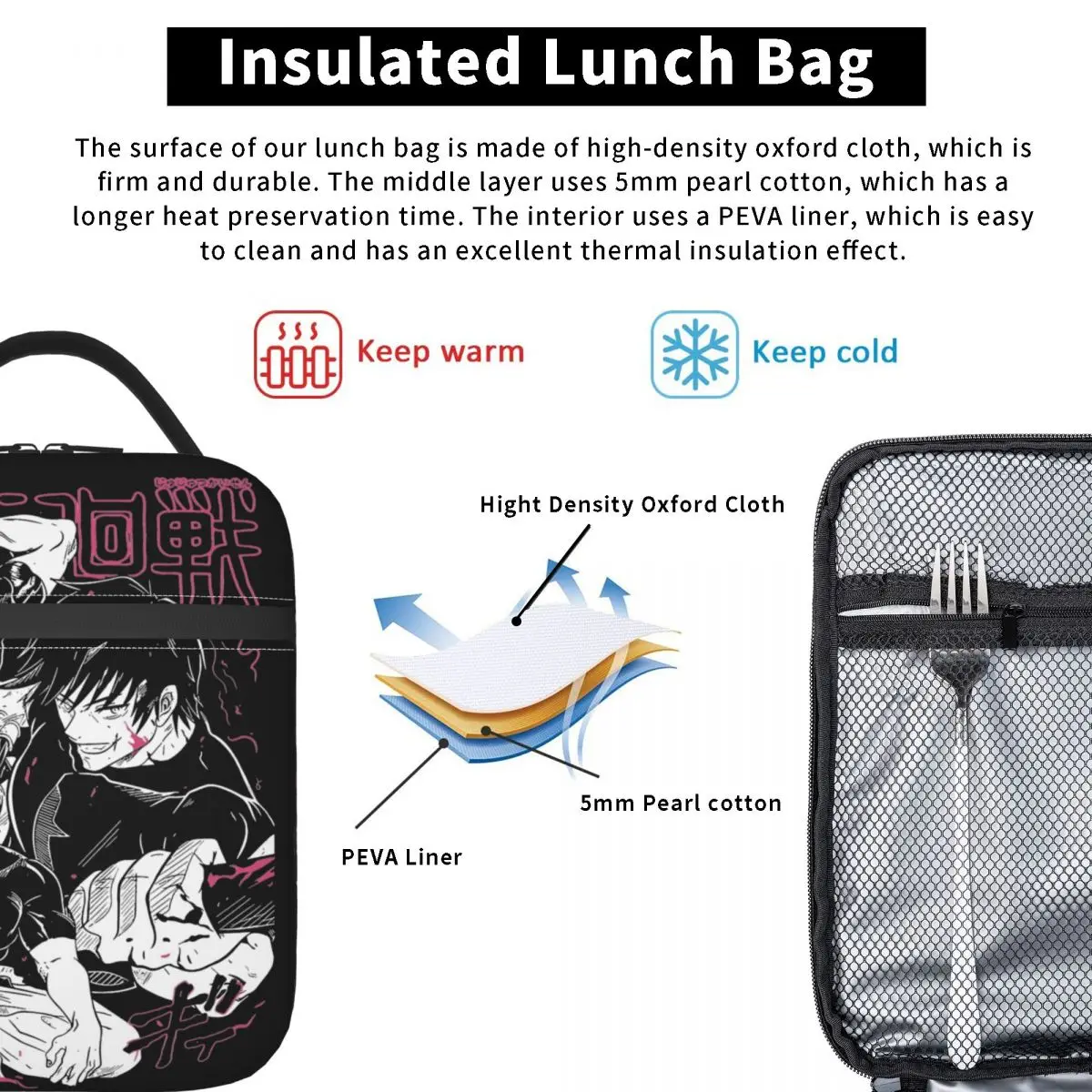 Toji Fushiguro JJK Anime Lunch Bags Thermal Bag Reusable Leakproof Tote Lunch Box Bento Pouch Beach Travel