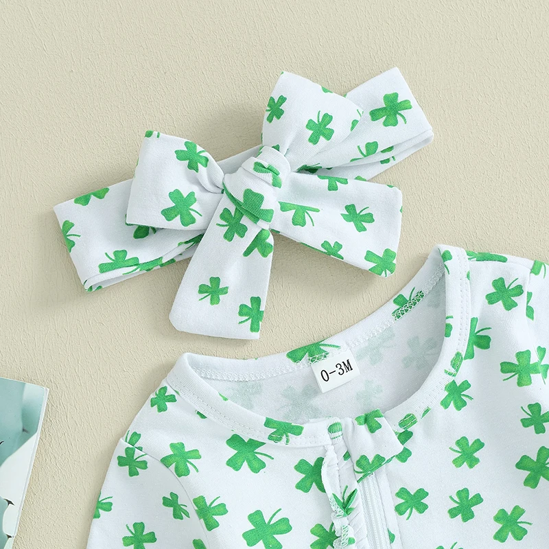 Citgeett Spring St. Patrick's Day Infant Baby Girls Jumpsuit Long Sleeve Clover Print Footed Romper Headband Clothes