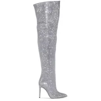 High quality European and American knee length rhinestone pile boots for women's sexy slim high heeled pointed runway boots - Image 3