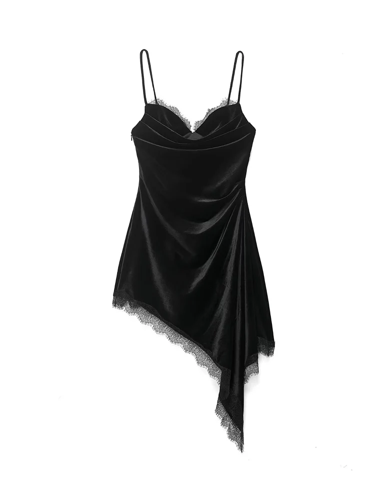 Women's Elegant Sling Dress Chic Lace Trim Spaghetti Strap Asymmetric Hem Party Velvet Dress New Female Fashion Irregular Dress