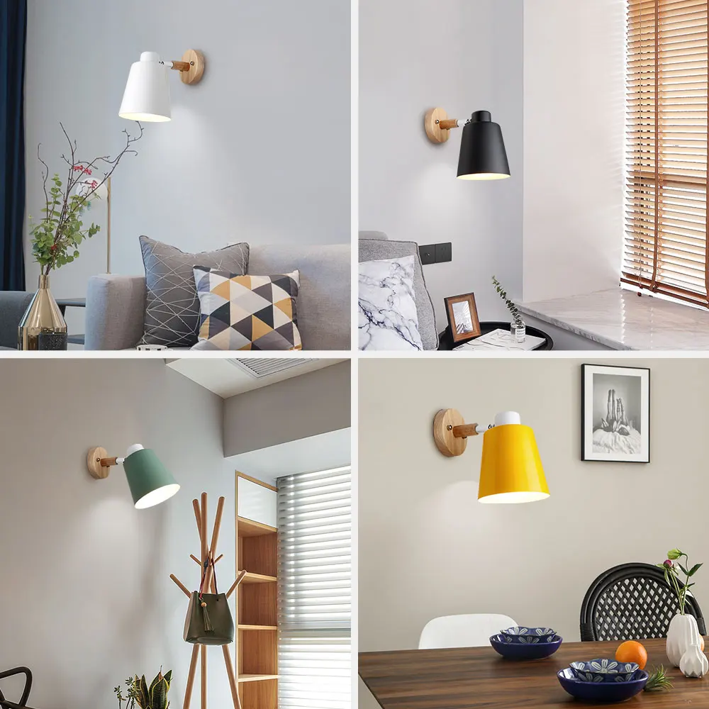 Wooden Wall Lamps Nordic Bedside Wall Light Switch Sconce Modern For Bedroom Macaroon 6 Color Steering Head E27 85-285V led wall lamp,wall sconces light,wall lamp