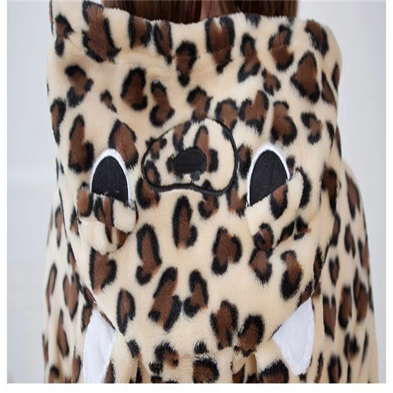 Unisex Kawaii Fashion Leopard Print Pajamas Cartoon Animal One-piece Sleepwear Couple Onesie Hooded Long Sleeve Warm Home Wear